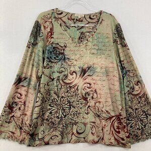 Vintage Xcit U.S.A size 2X Abstract Boho Print Flare Sleeve Stretch Blouse